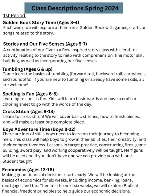 First period DuPage County homeschool co-op class descriptions