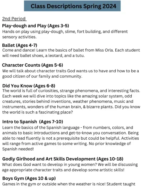 Second period DuPage County homeschool co-op class descriptions