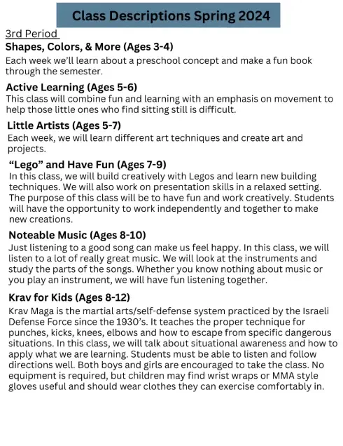Third period DuPage County homeschool co-op class descriptions